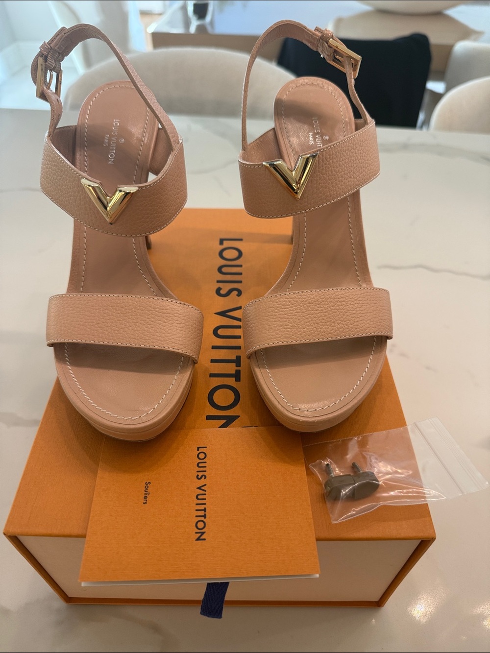 Louis Vuitton Beige Leather V-strap Platform Sandals with Gold V Accent